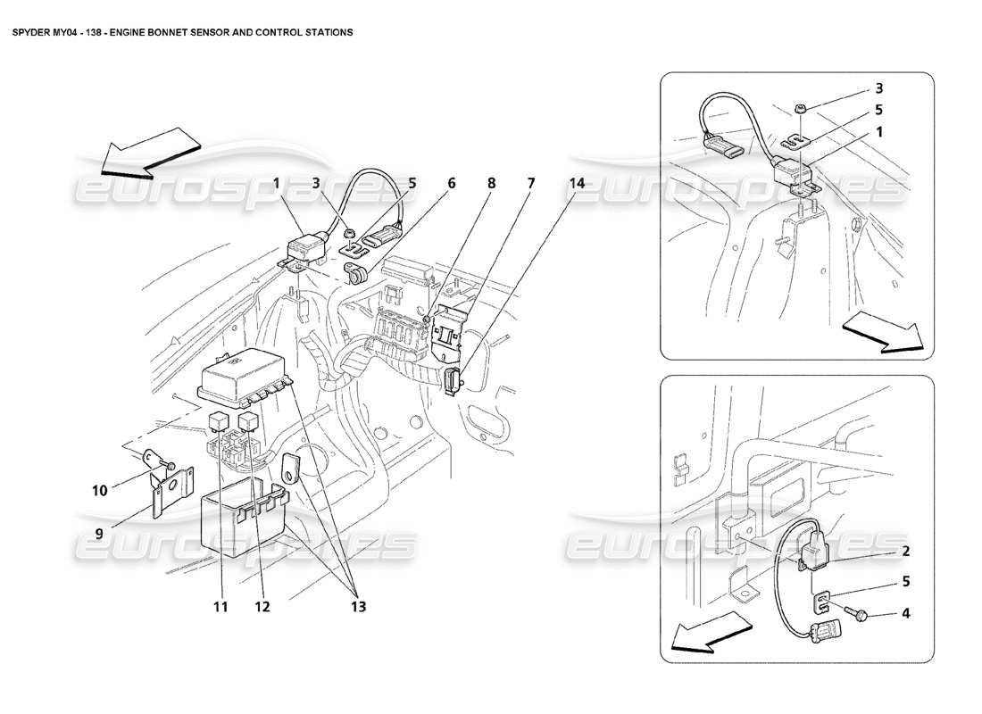 maserati 4200 spyder (2004) estaciones de control y sensores del capó del motor diagrama de piezas