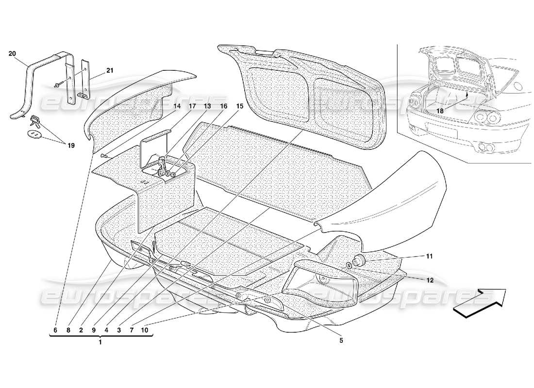 ferrari 456 gt/gta tapicería del capó del maletero diagrama de piezas
