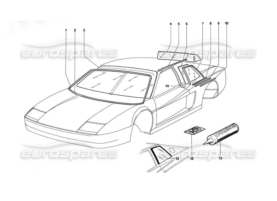 ferrari testarossa (1990) ventanas de cristal diagrama de piezas