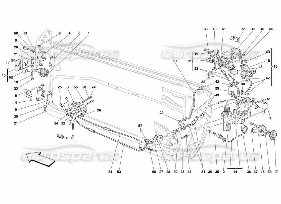 ferrari 550 barchetta puertas: diagrama de piezas de control de apertura y bisagras