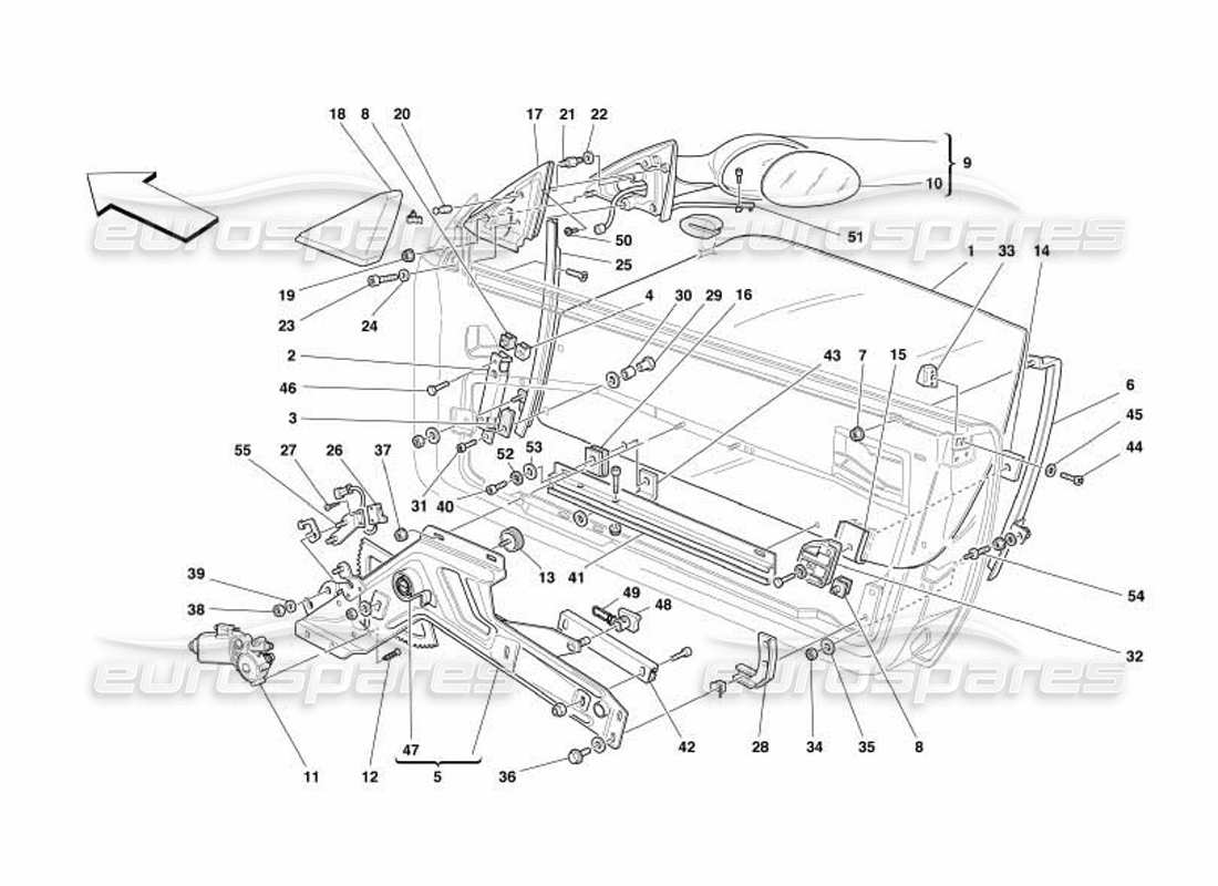 ferrari 550 barchetta puertas: diagrama de piezas del elevalunas eléctrico y del espejo retrovisor