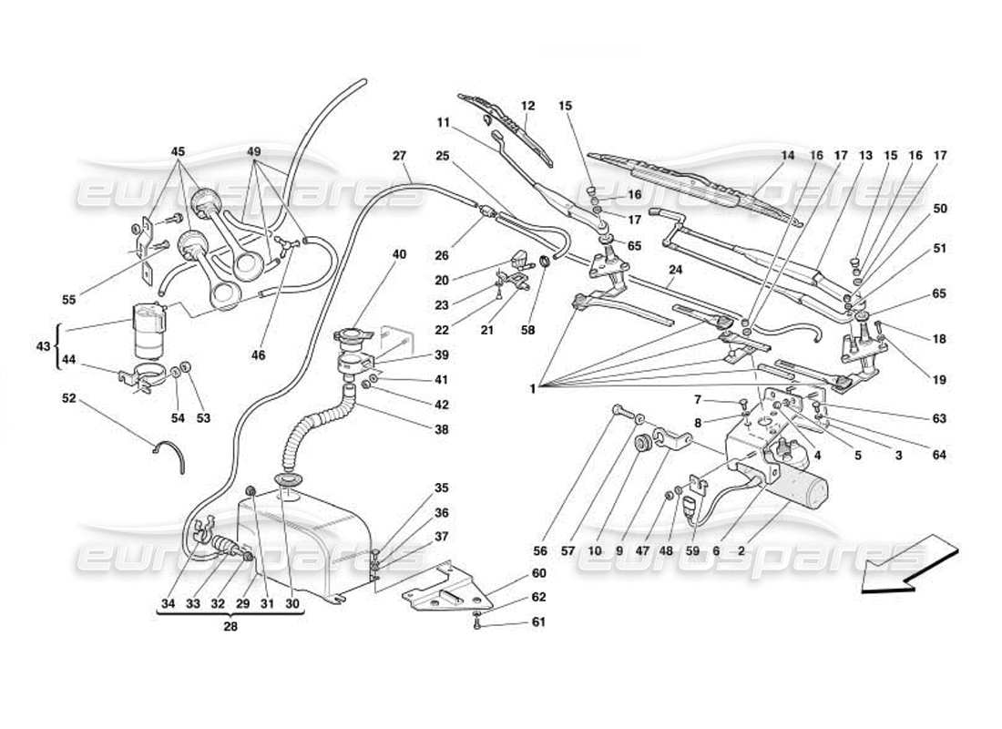 ferrari 550 barchetta limpiaparabrisas, arandela y bocina diagrama de piezas