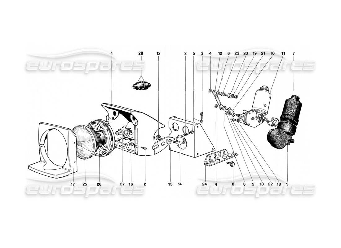 ferrari 208 turbo (1982) diagrama de piezas del dispositivo de elevación de luces y faros