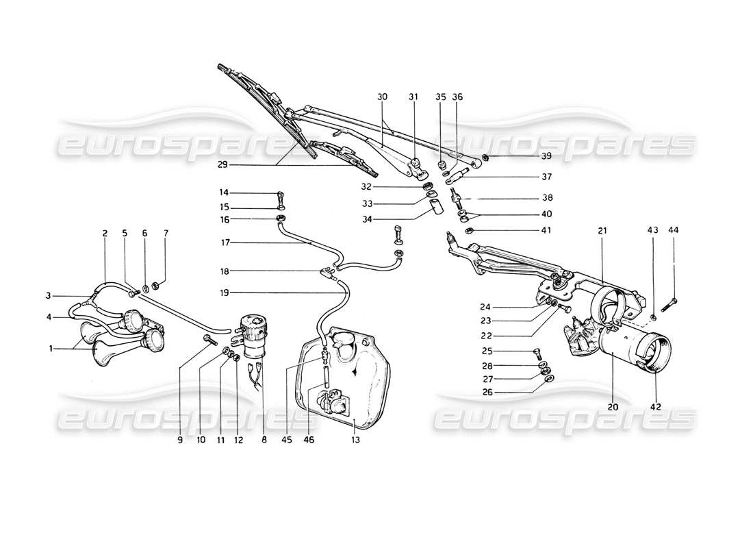 ferrari 512 bb limpiaparabrisas, arandela y bocinas diagrama de piezas