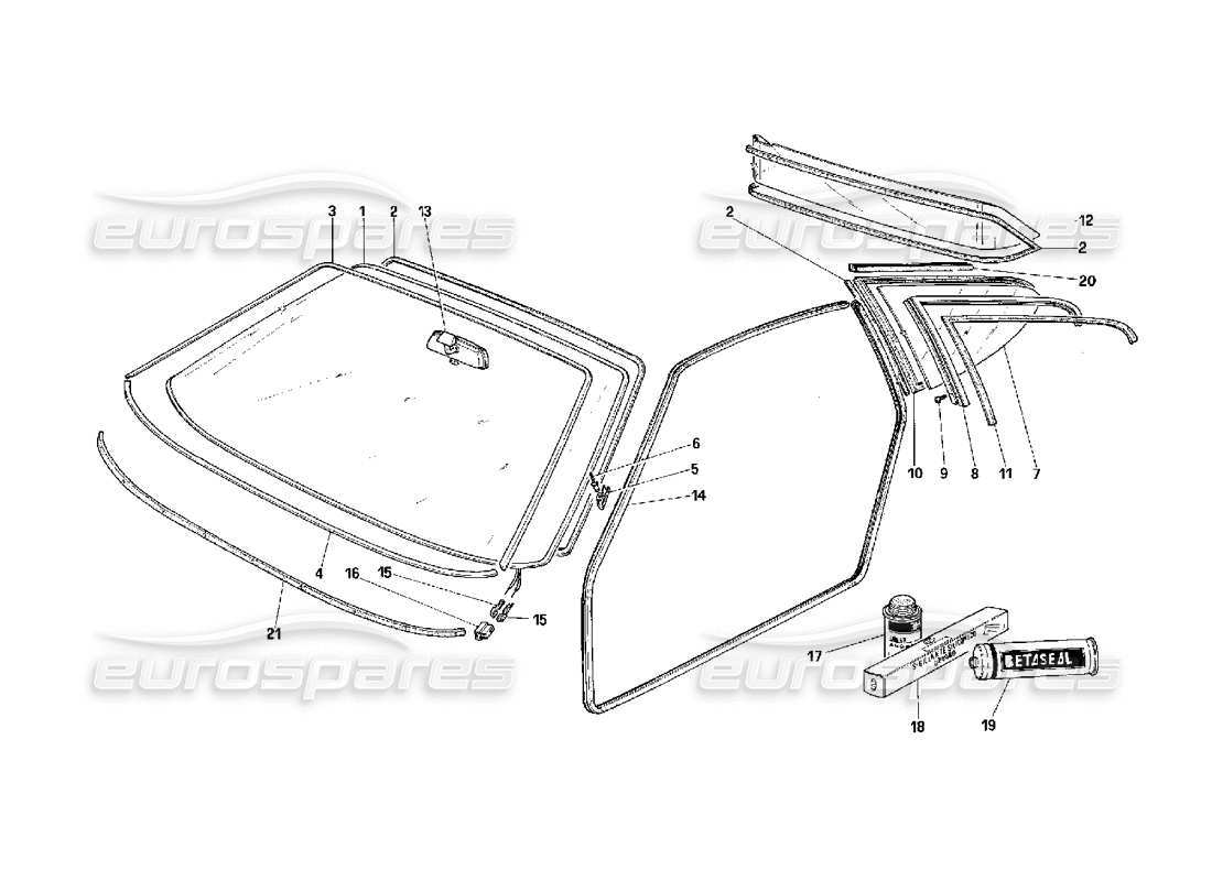 ferrari f40 diagrama de piezas de empaquetaduras y vidrios deslizantes