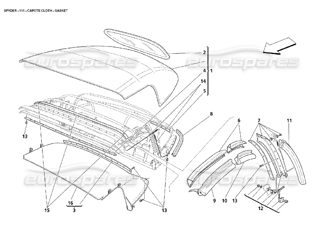 maserati 4200 spyder (2002) tela capote - junta diagrama de piezas