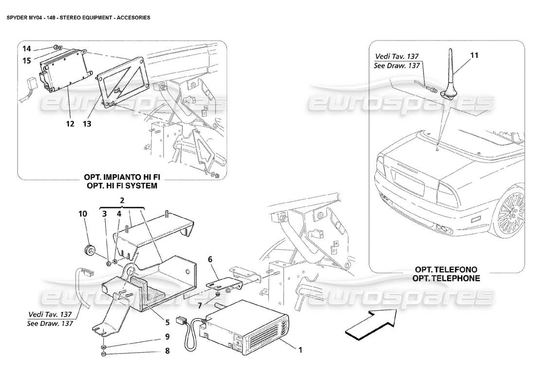 maserati 4200 spyder (2004) diagrama de piezas de accesorios para equipos estéreo