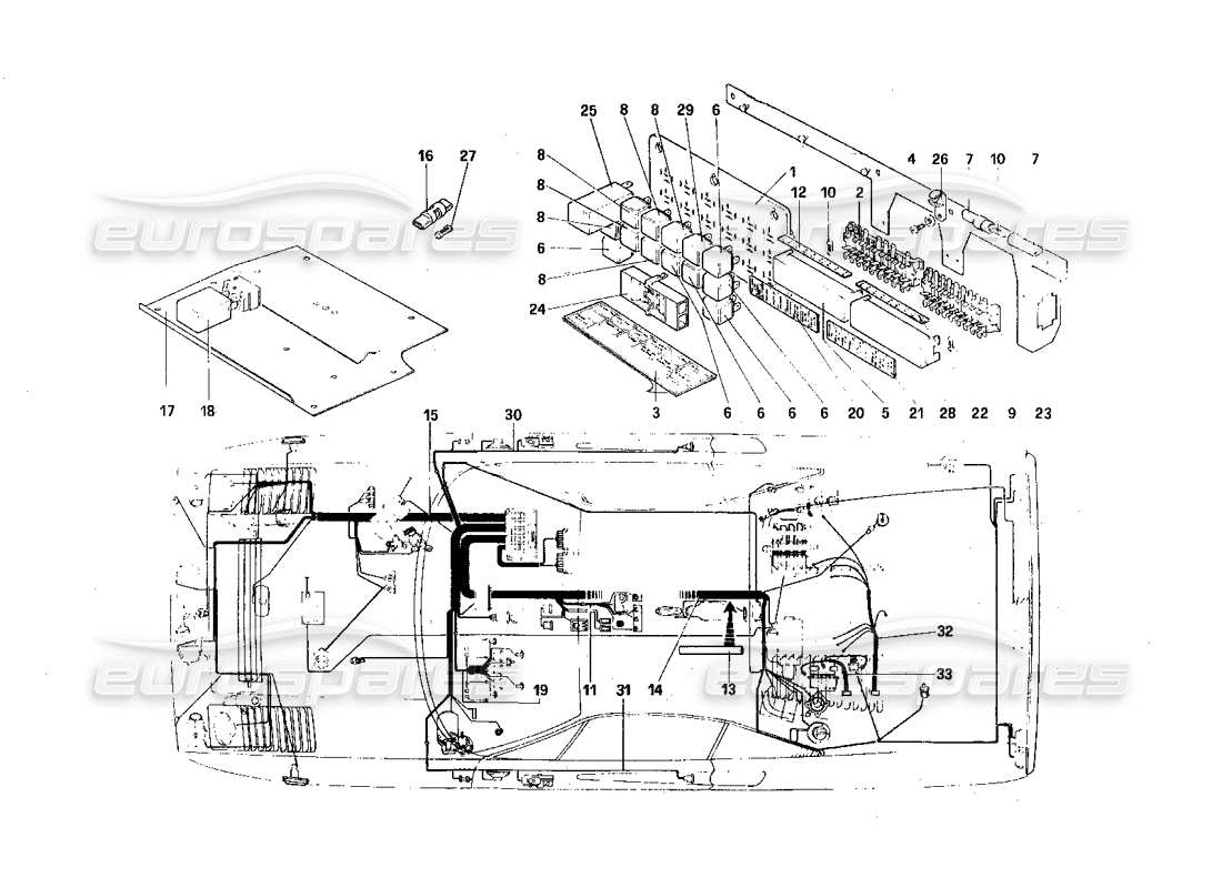 ferrari 308 quattrovalvole (1985) sistema eléctrico: diagrama de piezas de cables, fusibles y relés