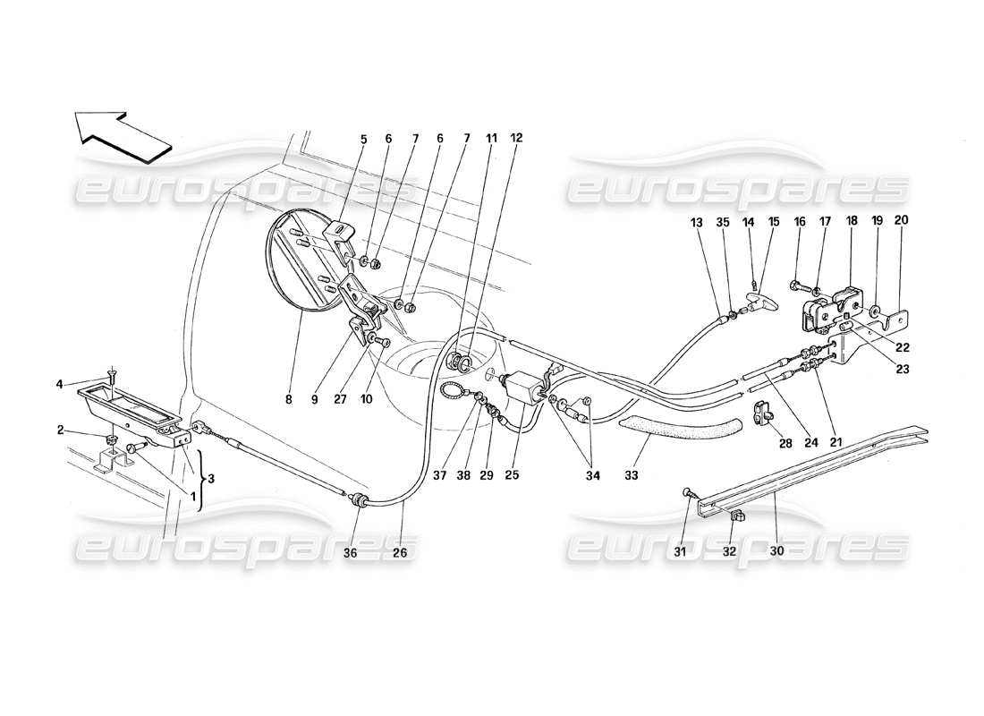 ferrari 348 (1993) tb / ts diagrama de piezas de dispositivos de apertura para capó trasero y puerta de gas