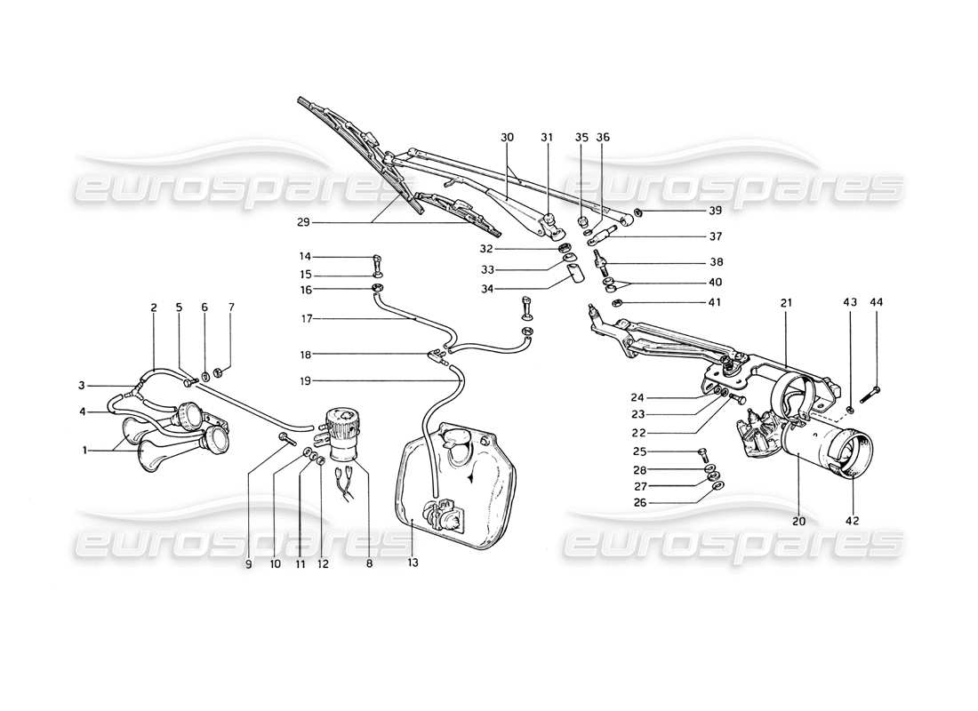 ferrari 365 gt4 berlinetta boxer diagrama de piezas del limpiaparabrisas, arandela y bocinas