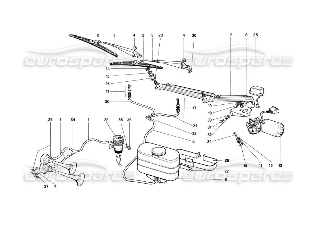 ferrari 208 turbo (1982) limpiaparabrisas, arandela y bocina diagrama de piezas