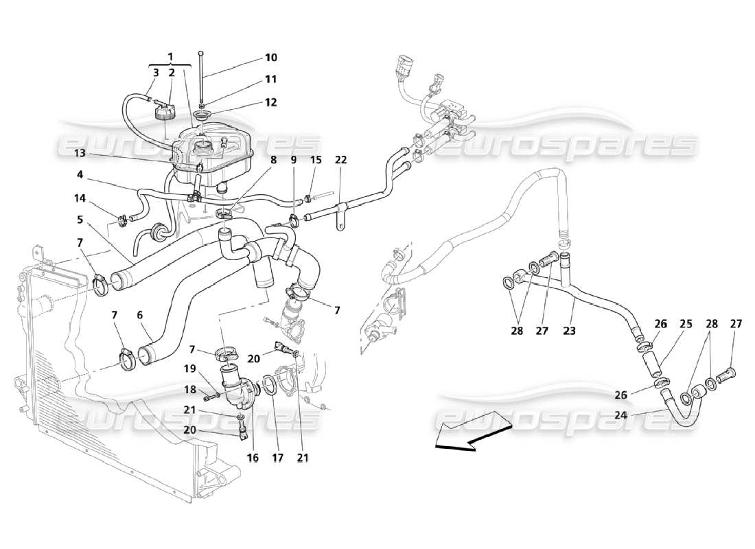 maserati qtp. (2006) 4.2 sistema de refrigeración: diagrama de piezas de nourice y tuberías