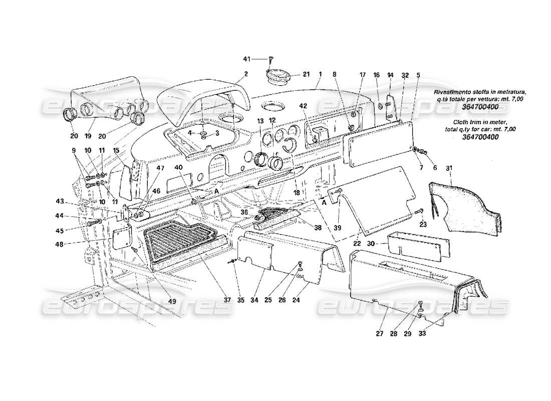 ferrari f40 diagrama de piezas del tablero y del túnel