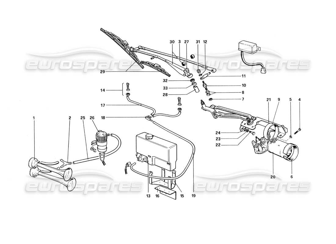 ferrari 512 bbi diagrama de piezas del limpiaparabrisas, arandela y bocinas