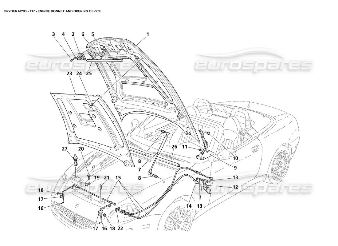 maserati 4200 spyder (2003) capó del motor y dispositivo de apertura diagrama de piezas