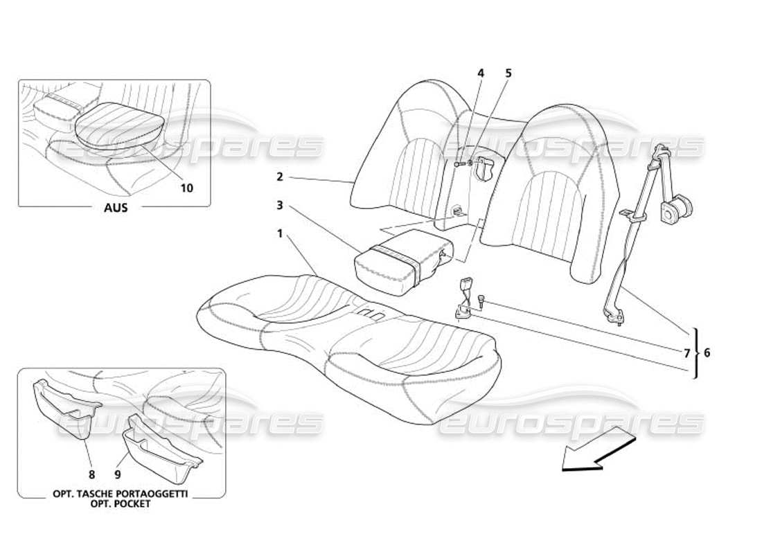 maserati 4200 coupe (2005) diagrama de piezas del asiento trasero y del cinturón de seguridad