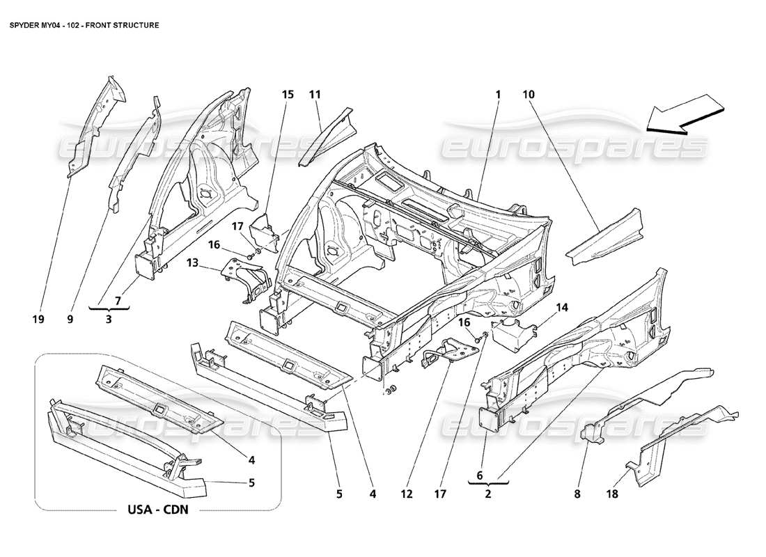 maserati 4200 spyder (2004) estructura frontal diagrama de piezas