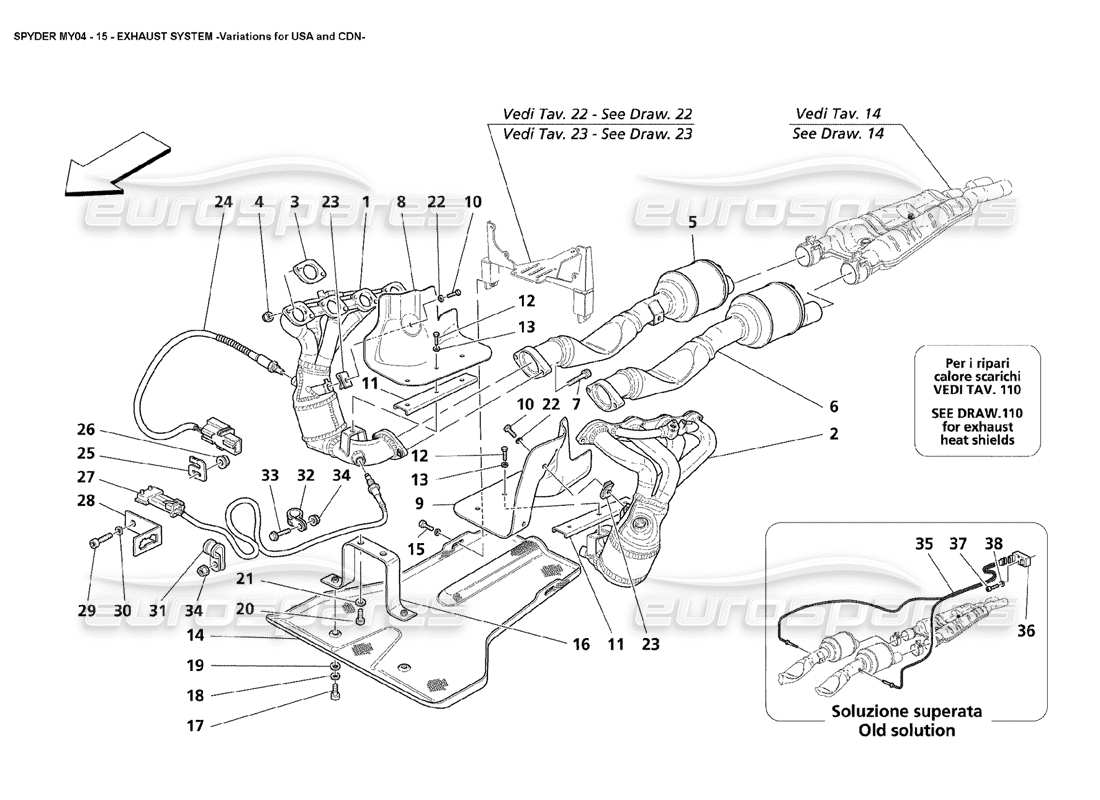 maserati 4200 spyder (2004) variaciones del sistema de escape para ee. uu. y diagrama de piezas cdn