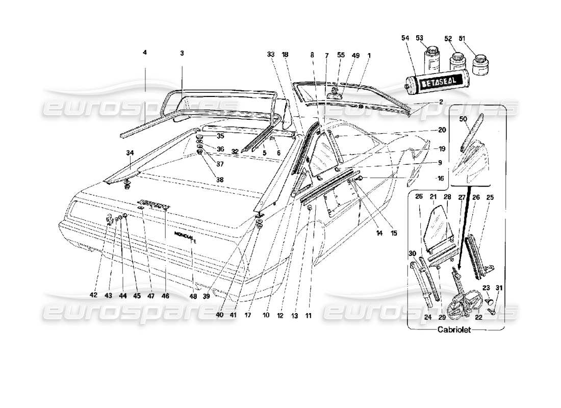 ferrari mondial 3.4 t coupe/cabrio vidrios y acabados exteriores diagrama de piezas