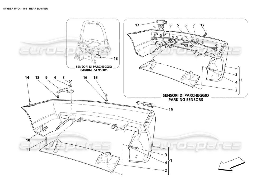 maserati 4200 spyder (2004) diagrama de piezas del parachoques trasero