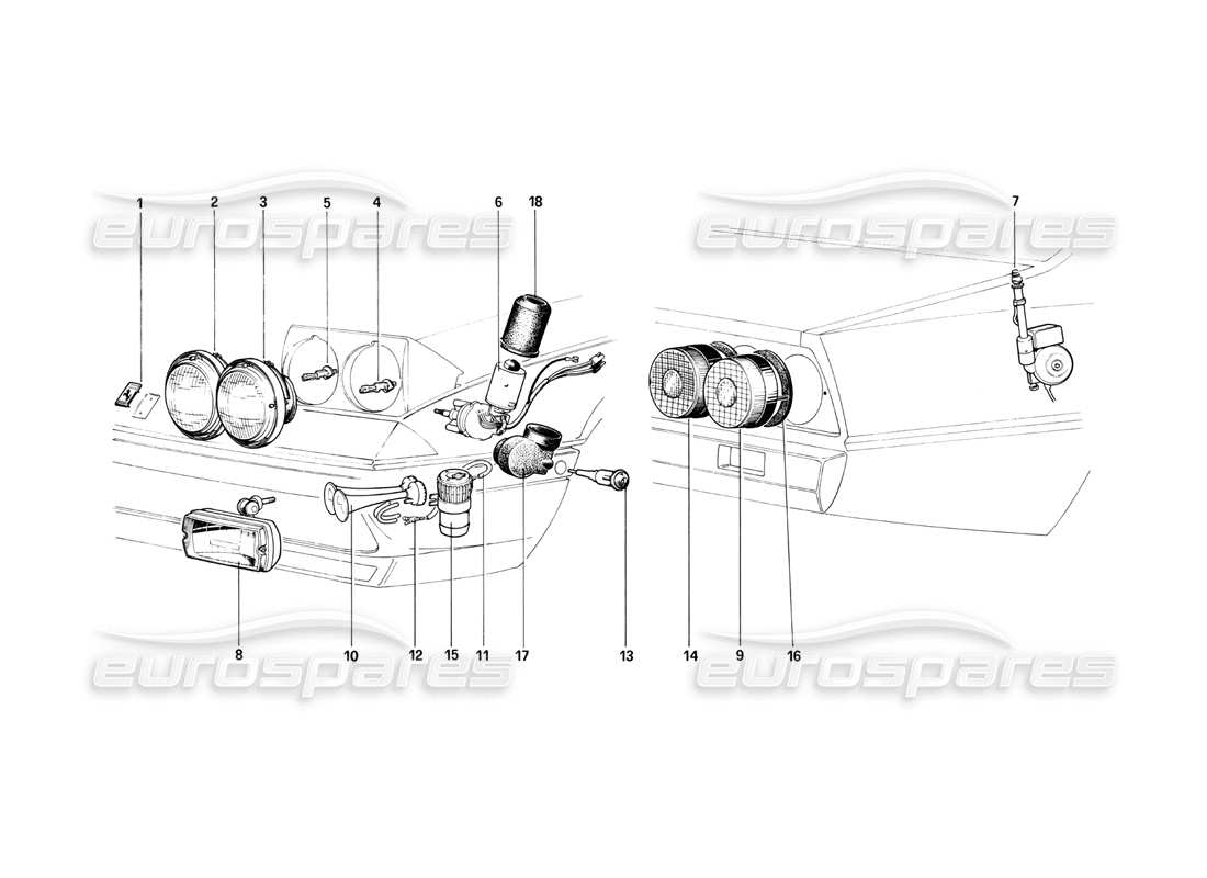 ferrari 400i (1983 mechanical) luces delanteras y traseras: bocinas y antena diagrama de piezas