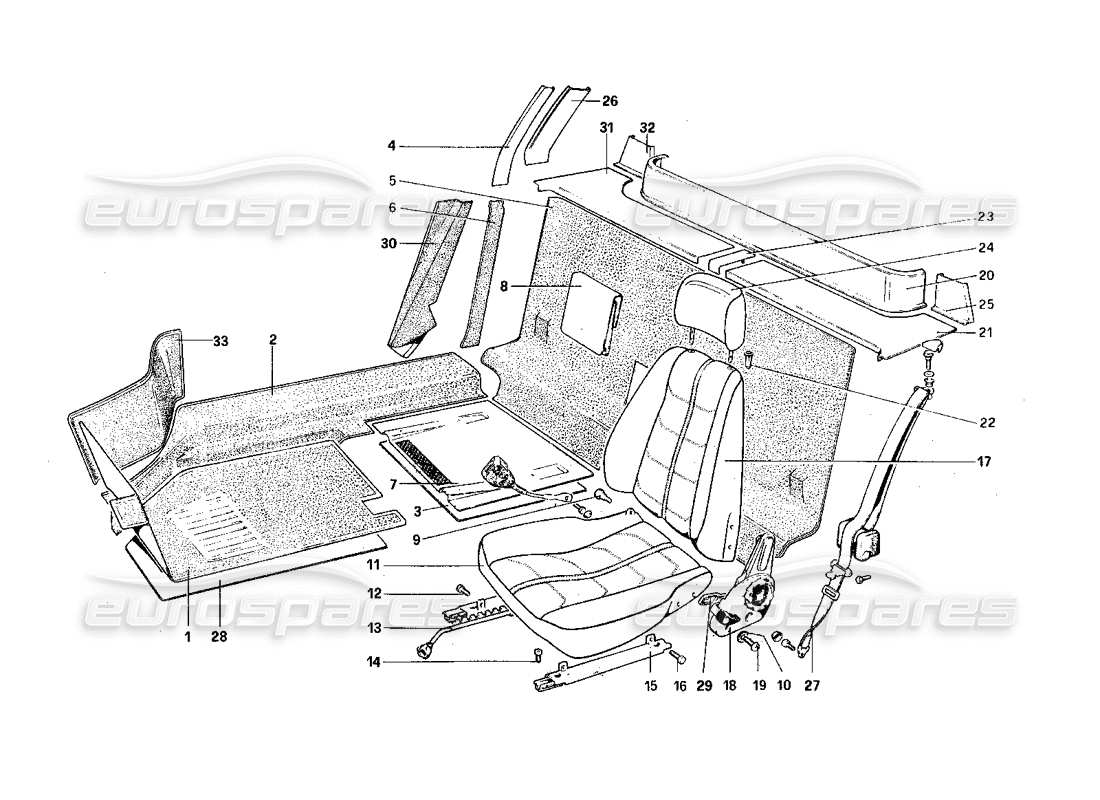 ferrari 308 quattrovalvole (1985) diagrama de piezas de molduras interiores, accesorios y asientos