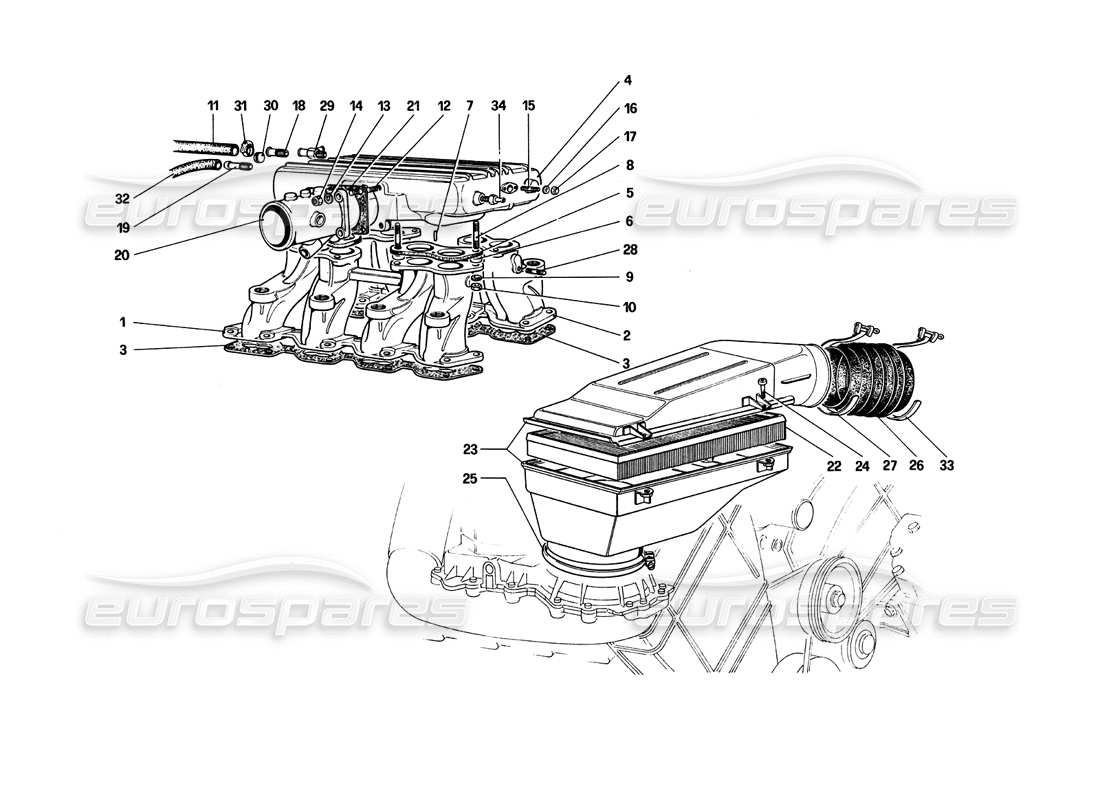 ferrari 308 quattrovalvole (1985) diagrama de piezas de colectores y admisión de aire