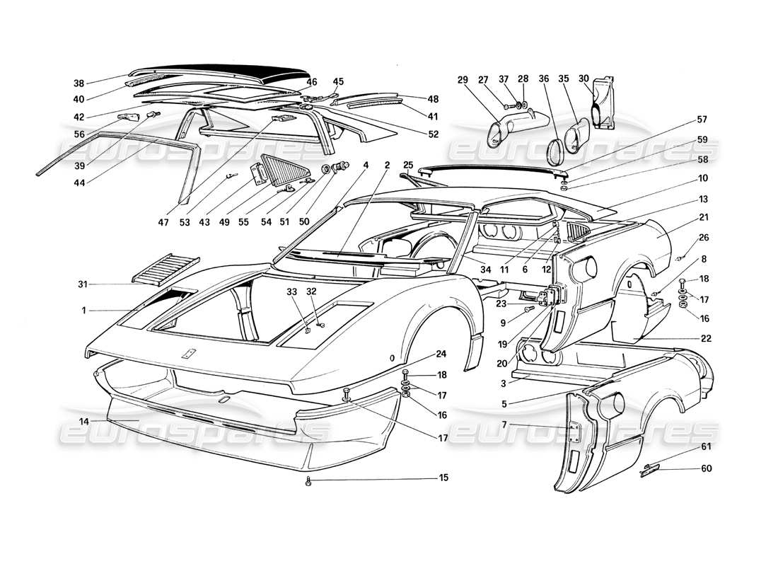 ferrari 308 quattrovalvole (1985) carrocería - elementos exteriores diagrama de piezas