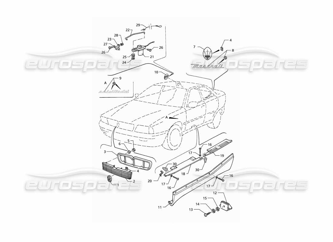 un diagrama de piezas del catálogo de piezas Maserati QTP V6 (1996)