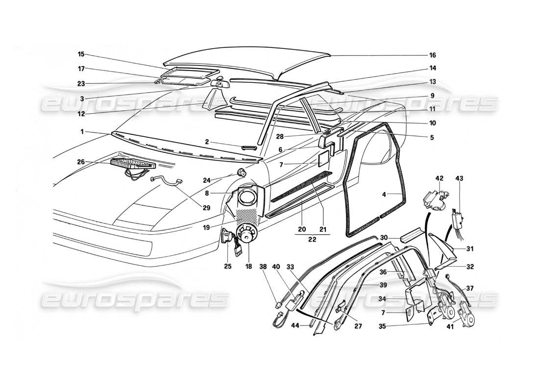 un diagrama de piezas del catálogo de piezas Ferrari Testarossa (1990)