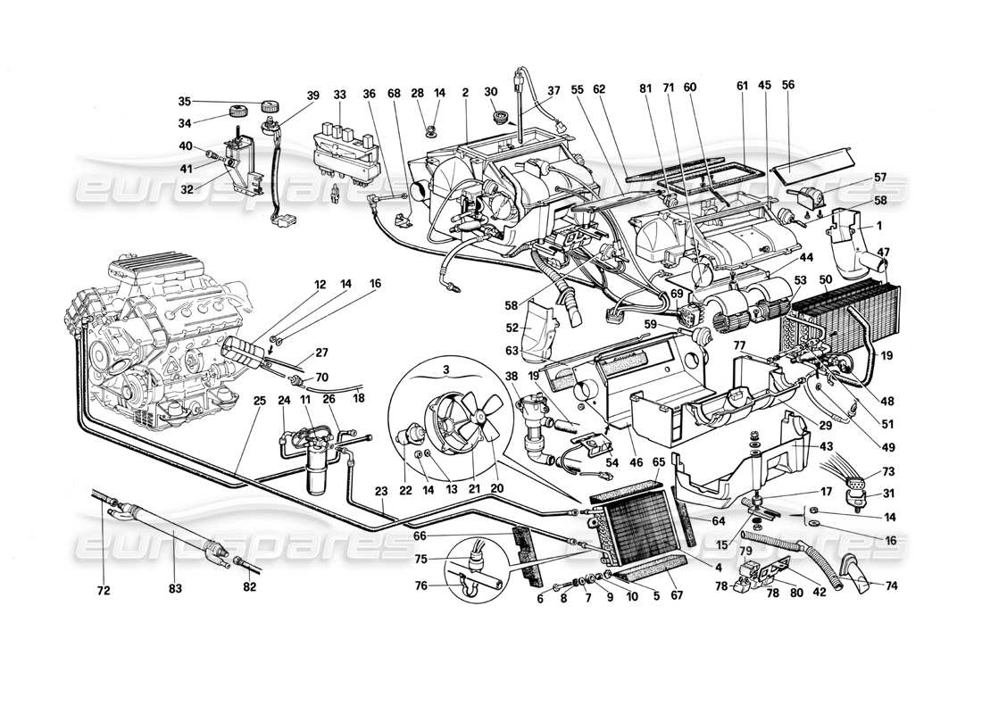 un diagrama de piezas del catálogo de piezas Ferrari Mondial 3.0 QV (1984)