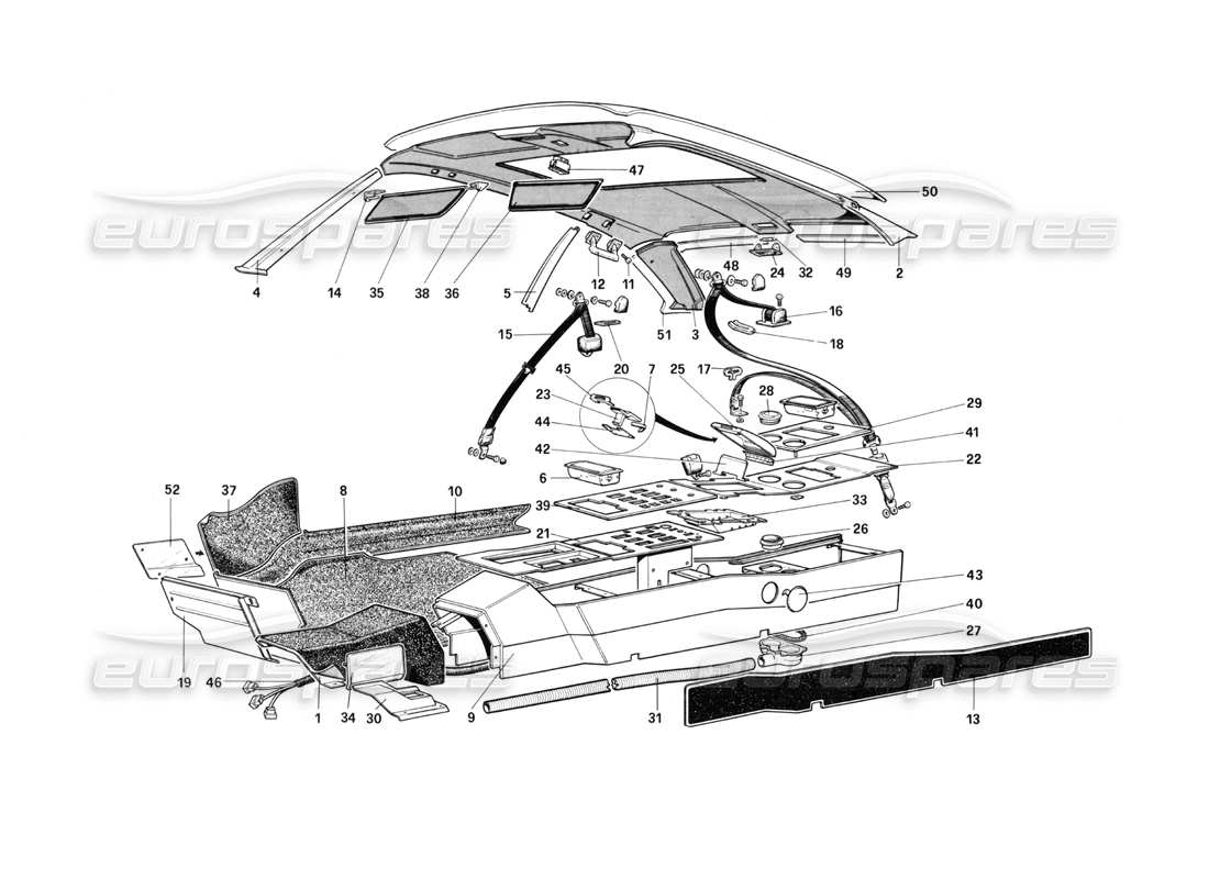 ferrari mondial 3.0 qv (1984) techo, túnel y cinturones de seguridad diagrama de piezas