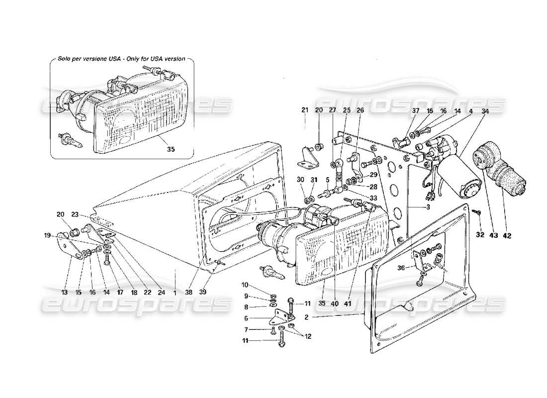 ferrari f40 dispositivo para levantar el diagrama de piezas de los faros delanteros