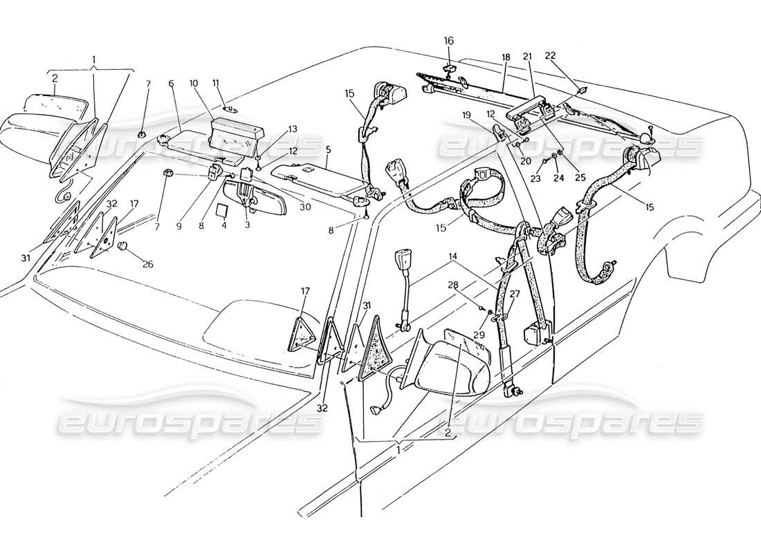 maserati 222 / 222e biturbo diagrama de piezas de cinturones de seguridad, espejos y visera solar