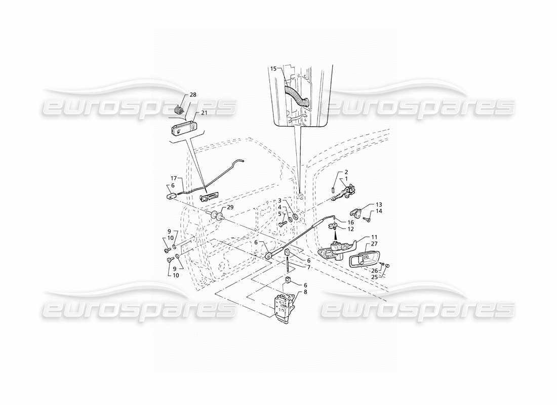 maserati qtp v6 (1996) puertas delanteras: diagrama de piezas de bisagras y controles internos