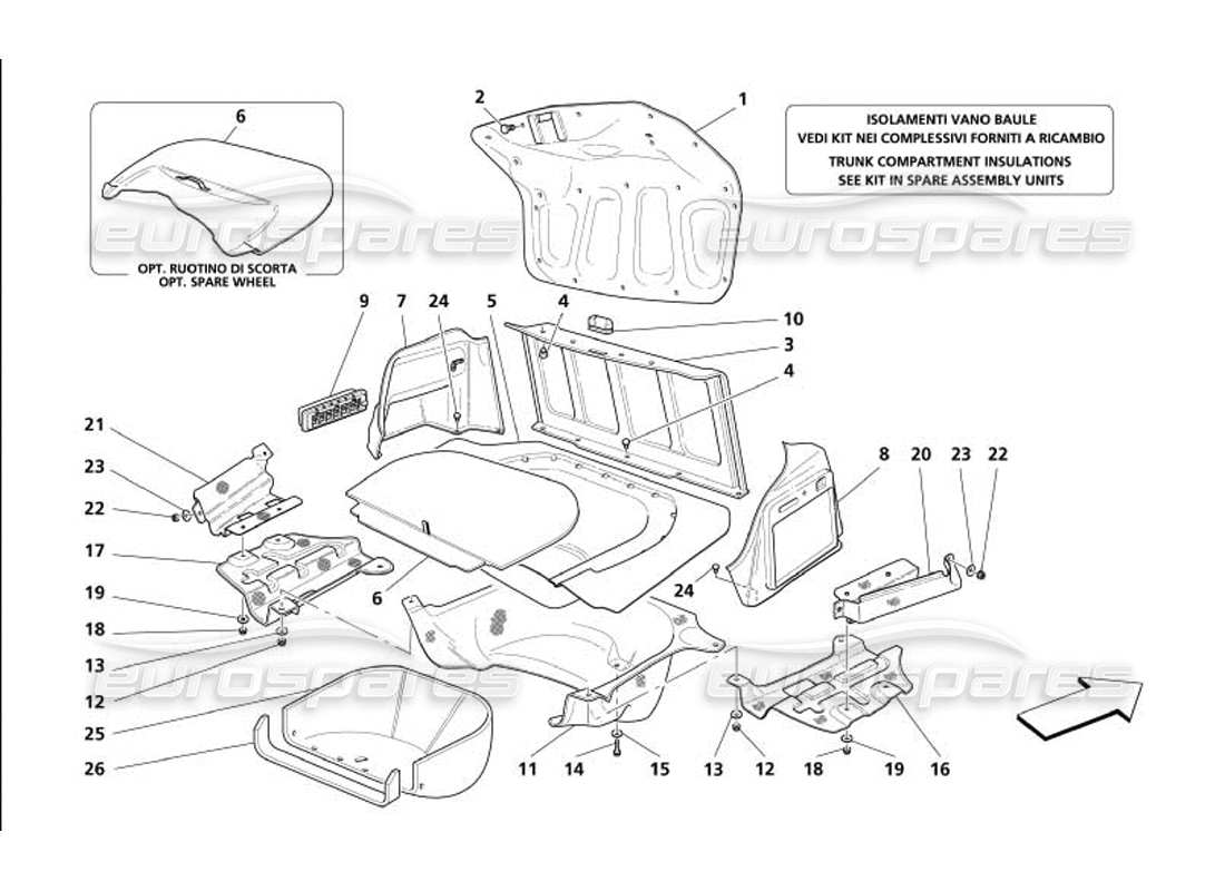maserati 4200 gransport (2005) embellecedores del compartimento del capó del maletero: diagrama de piezas de protección contra la salud y entrada de aire