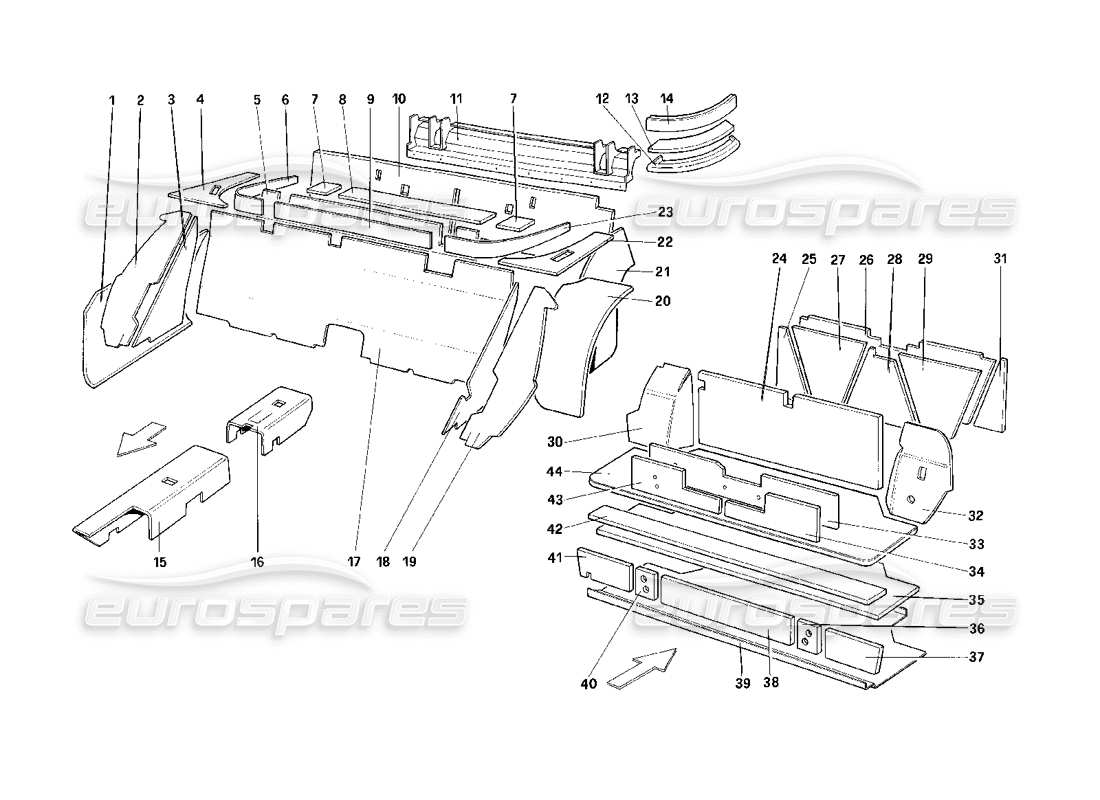 ferrari mondial 3.2 qv (1987) compartimiento de equipaje y pasajero, aislamiento - 3.2 mondial coupe - ee. uu. - sa - aus - ch87 - ch88 diagrama de piezas excluidas