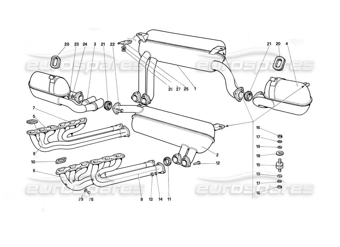 ferrari testarossa (1990) sistema de escape (para la versión b1 - gd1) diagrama de piezas
