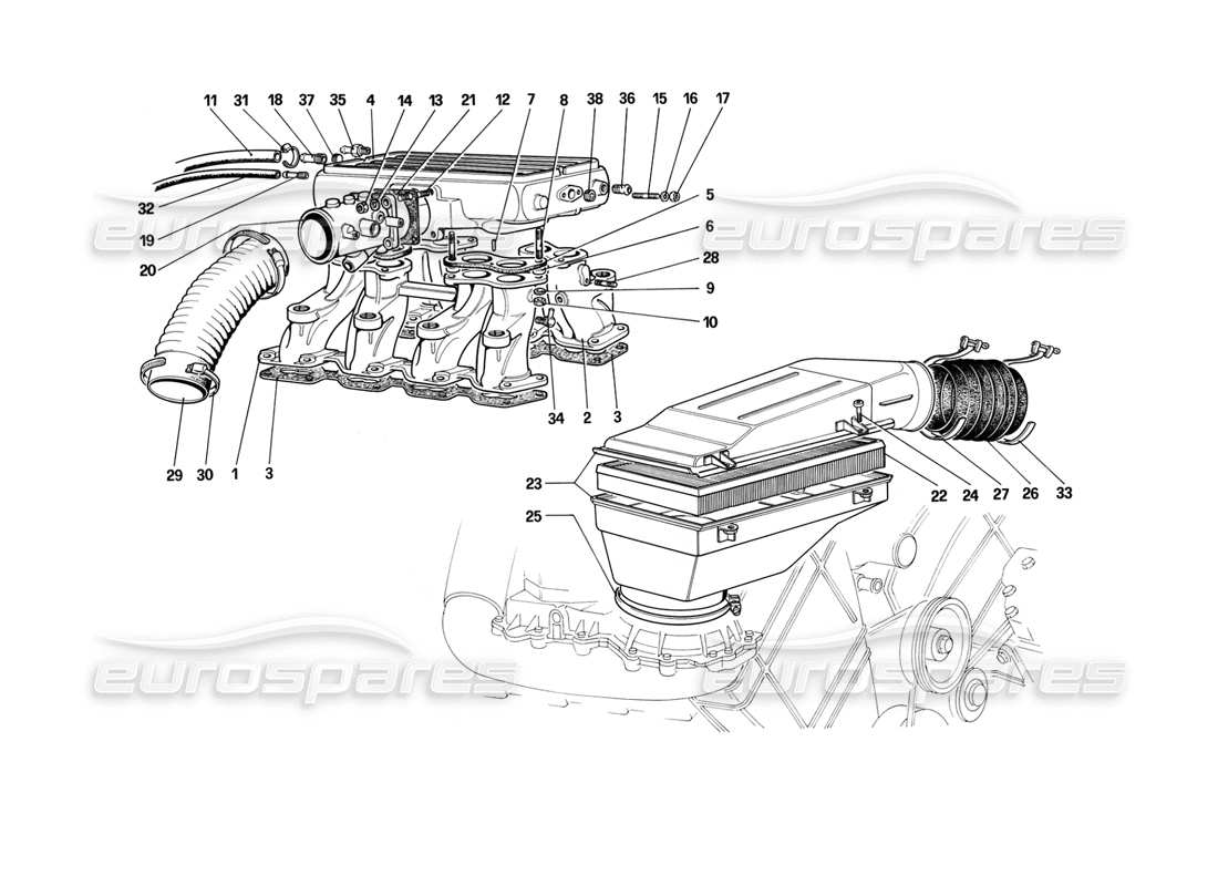ferrari mondial 3.2 qv (1987) air intake and manifolds diagrama de piezas