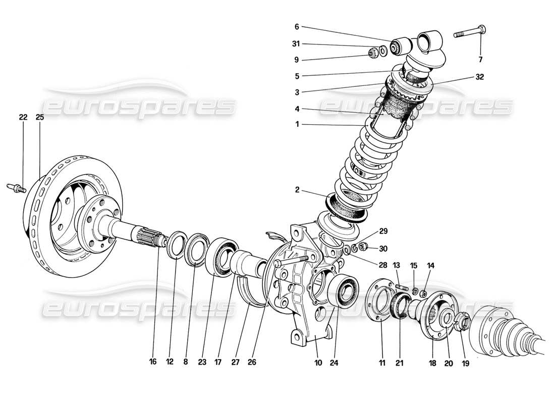 ferrari 328 (1988) suspensión trasera: diagrama de piezas de amortiguador y disco de freno (hasta el número de vehículo 76625)