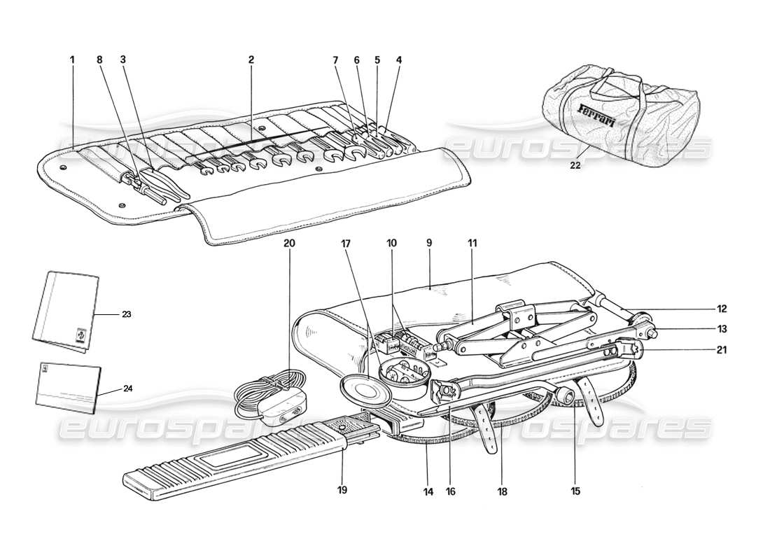 ferrari 328 (1988) kit de herramientas y cubierta de coche diagrama de piezas