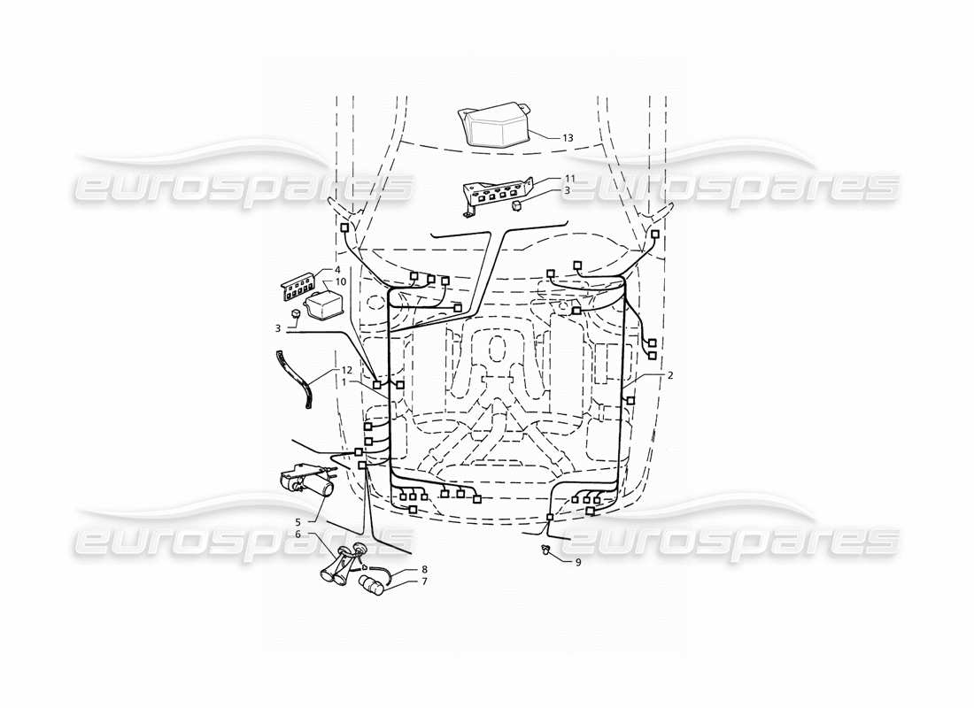 maserati qtp. 3.2 v8 (1999) sistema eléctrico: diagrama de piezas del compartimiento del motor (transmisión izquierda, transmisión derecha)