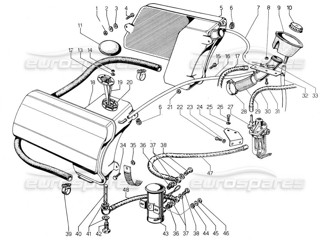 lamborghini urraco p300 diagrama de piezas del sistema de combustible