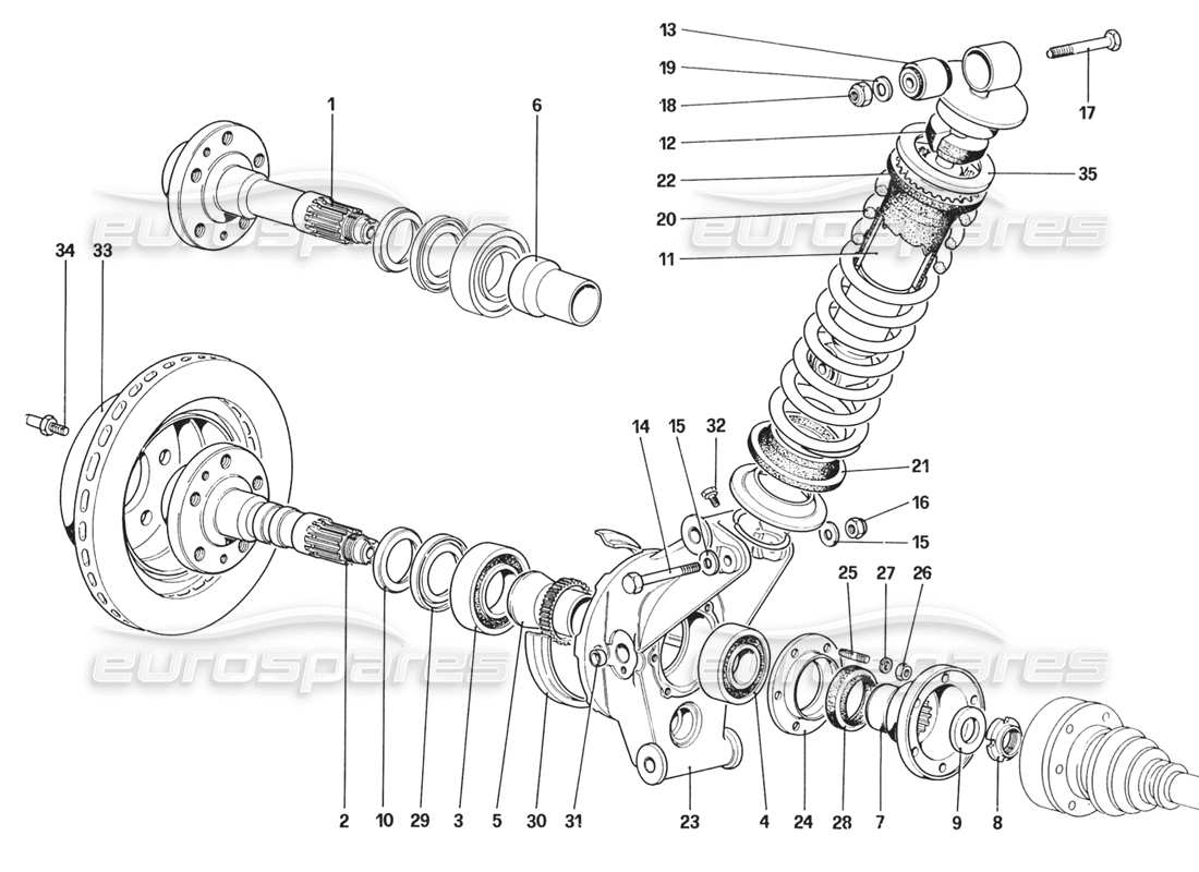 ferrari 328 (1988) suspensión trasera: diagrama de piezas de amortiguador y disco de freno (a partir del número de automóvil 76626)