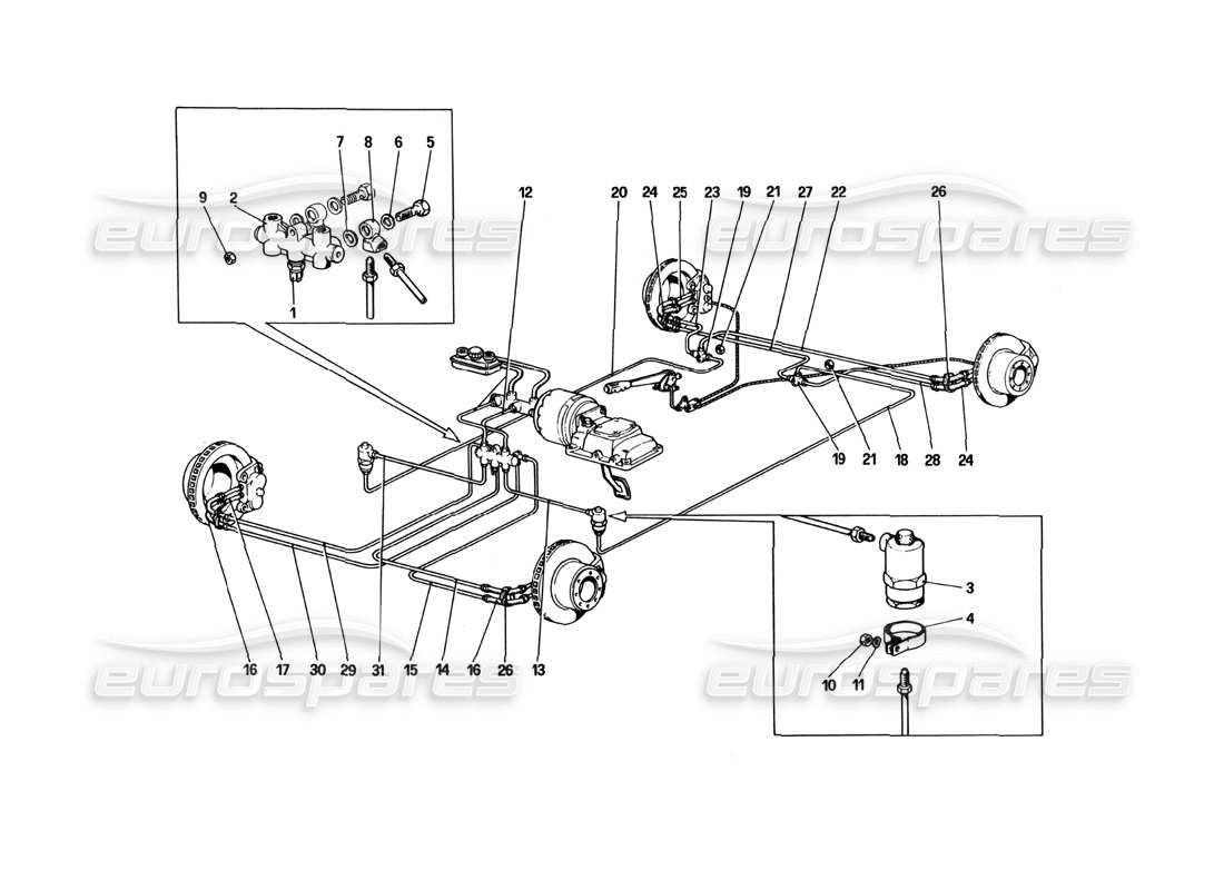 ferrari 512 bbi diagrama de piezas del sistema de frenos