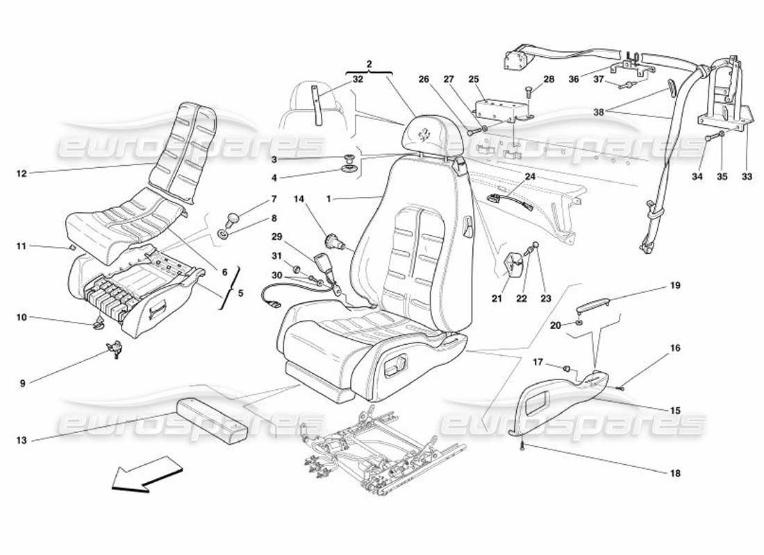 ferrari 575 superamerica asiento eléctrico - diagrama de piezas de cinturones de seguridad