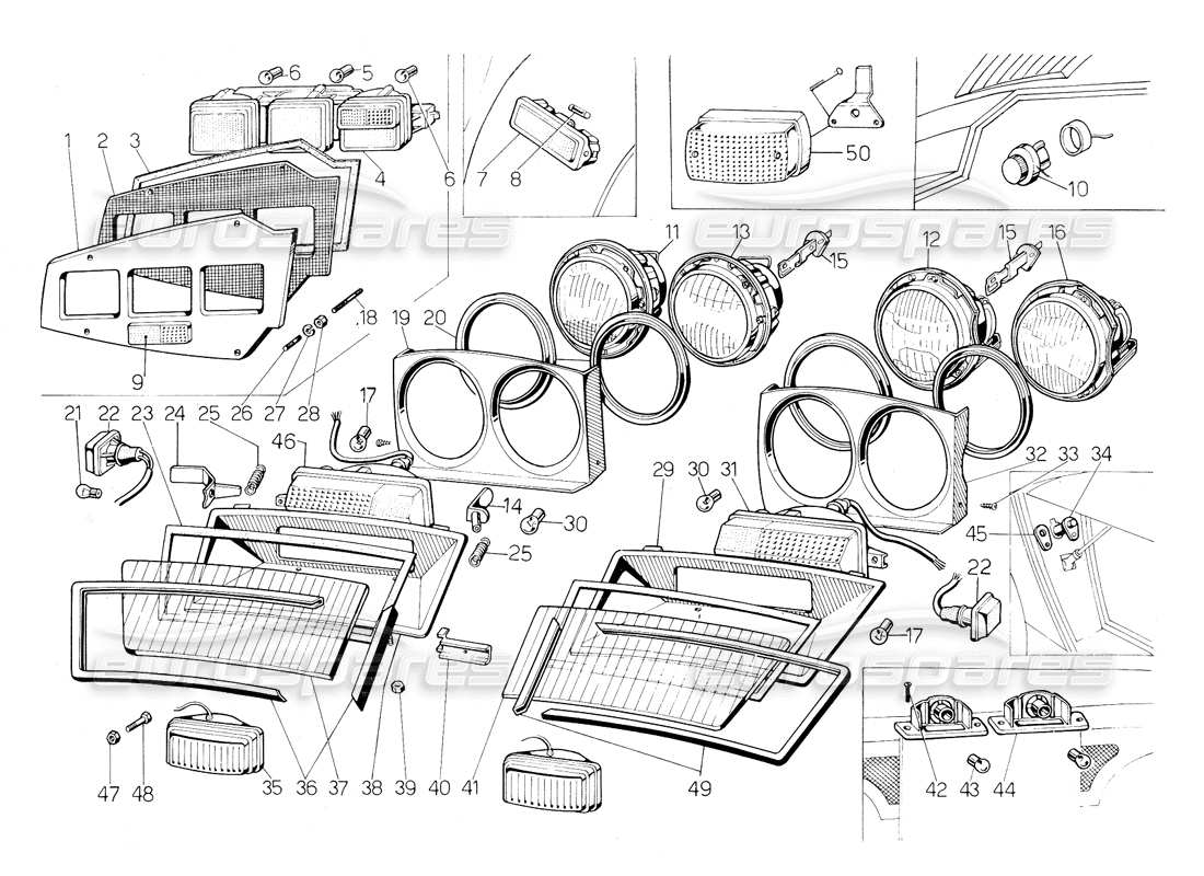 lamborghini countach 5000 qv (1985) diagrama de piezas de faros e indicadores de dirección