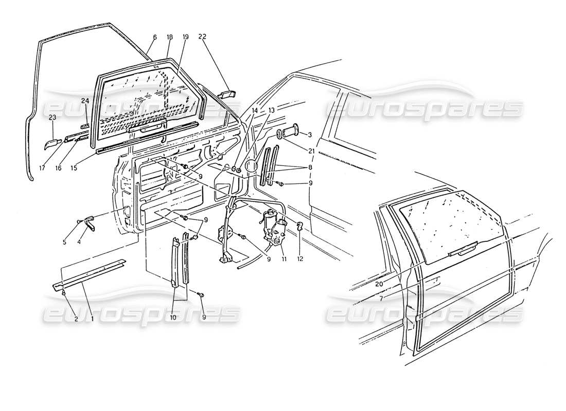 maserati 222 / 222e biturbo puertas: diagrama de piezas de ventanas y reguladores