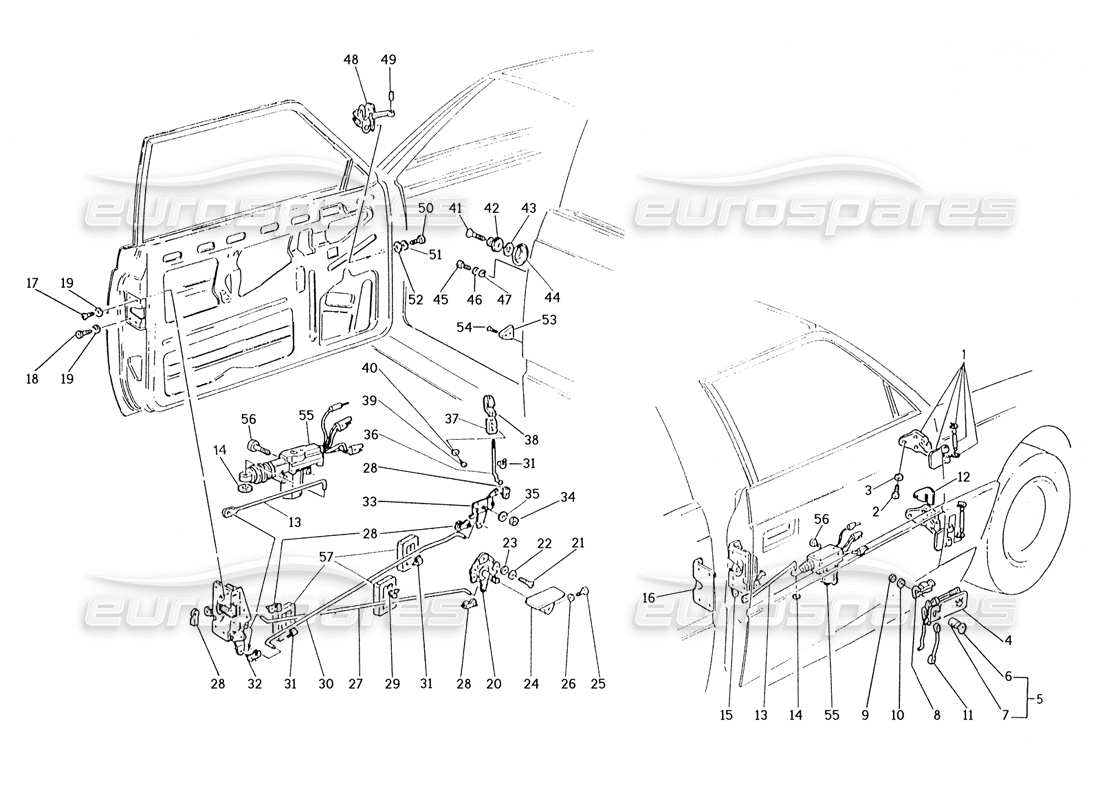 maserati karif 2.8 puertas: diagrama de piezas de bisagras y controles internos