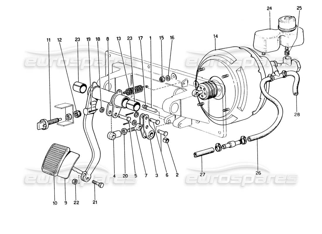 ferrari 365 gt4 2+2 (1973) diagrama de piezas del sistema hidráulico de frenos (variante para versiones con volante a la derecha)